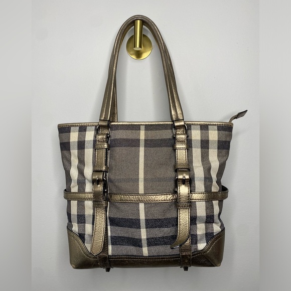 BURBERRY SILVER SHIMMER Checkered Plaid DEGRADE TOTE BAG - Picture 1 of 16